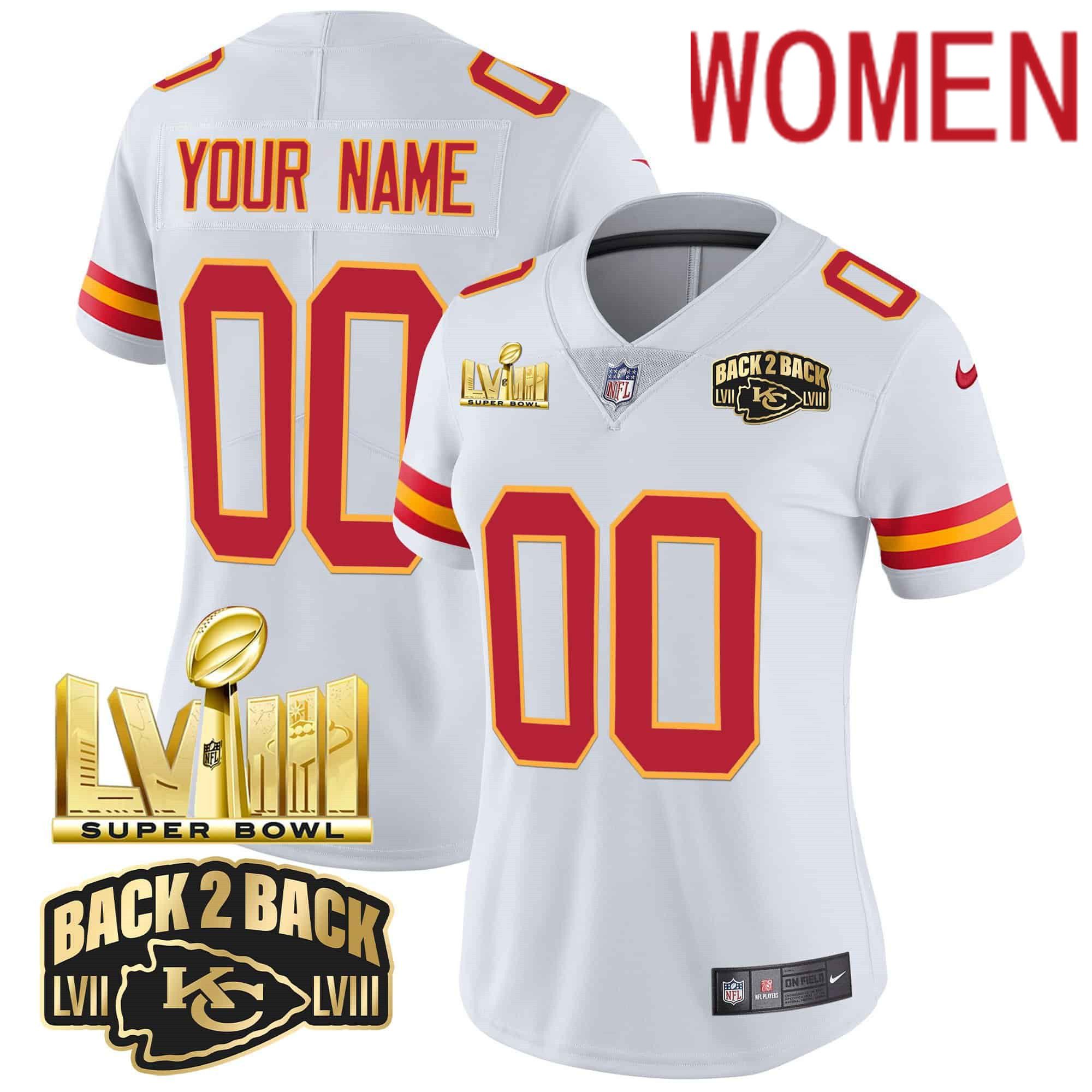 Women Kansas City Chiefs White 2024 Nike Super Bowl LVIII & Back-2-Back Gold Patch Vapor Custom NFL Jersey